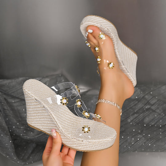 Damen Wedge-Sandaletten mit floralen Applikationen und transparenten Akzenten R&B