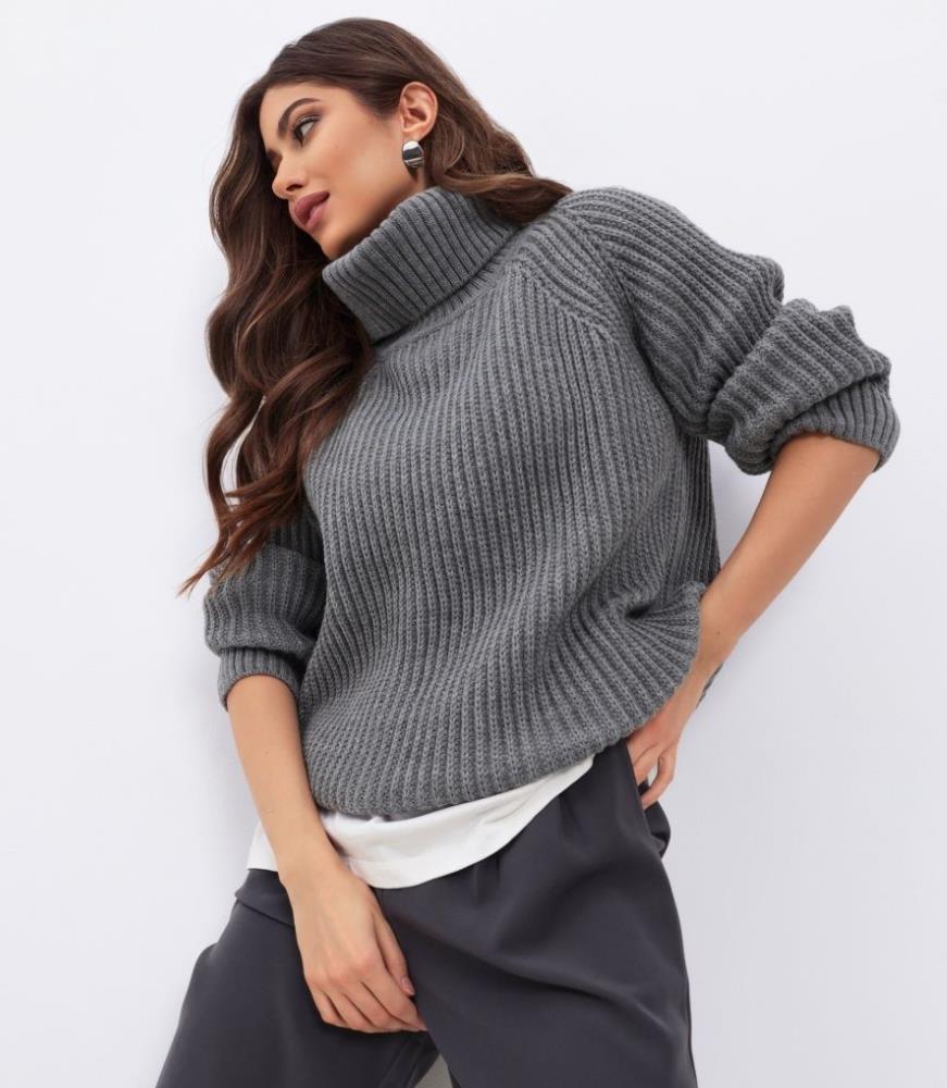 Damen Strickpullover mit hohem Kragen und strukturierter Maschenoberfläche R&B