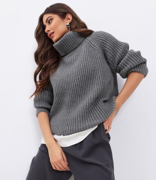 Damen Strickpullover mit hohem Kragen und strukturierter Maschenoberfläche R&B