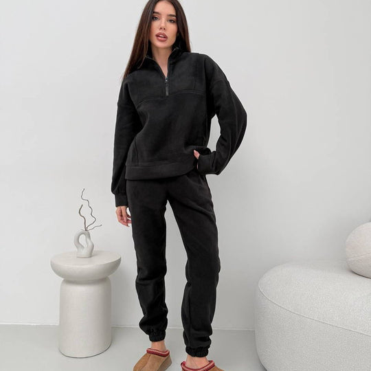 Damen gemütliches Fleece-Hoodie-Set mit hohem Kragen und praktischen Taschen R&B