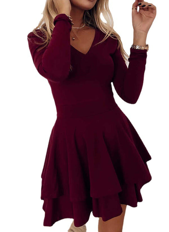 Damen V-Ausschnitt Kleid mit voluminösem Rock und langen Ärmeln R&B
