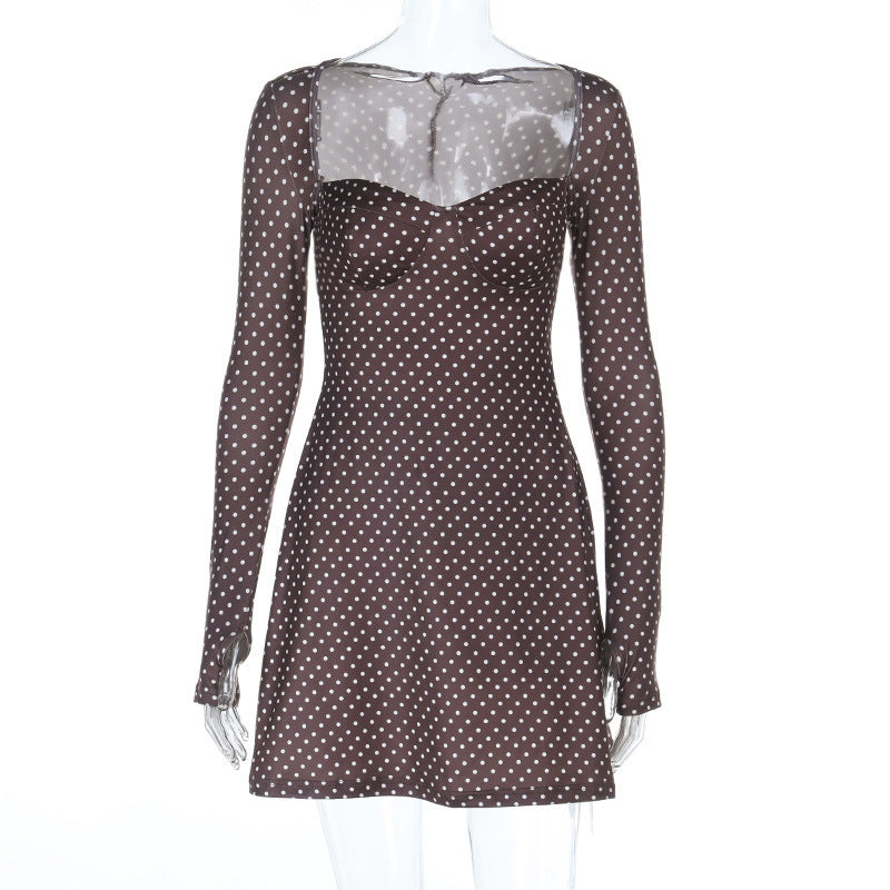 Damen verspieltes Polka-Dot-Kleid mit transparentem Oberteil und langen Ärmeln R&B