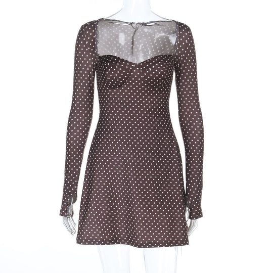 Damen verspieltes Polka-Dot-Kleid mit transparentem Oberteil und langen Ärmeln R&B