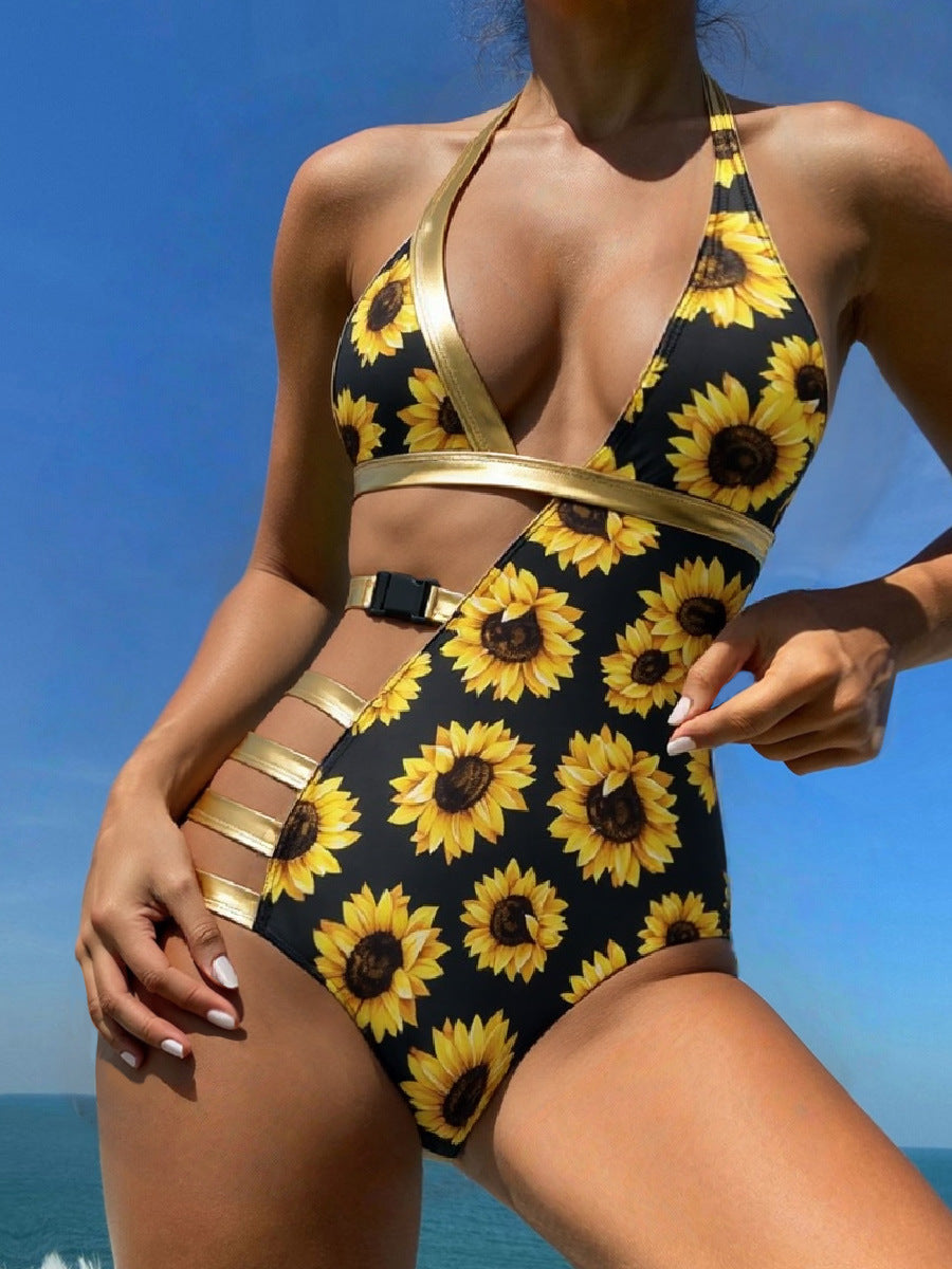 Damen Einteiliger Badeanzug mit asymmetrischem Schnitt und goldenen Akzenten R&B