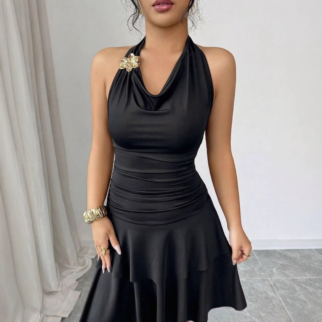 Damen nan Halter-Midikleid mit Wasserfall-Ausschnitt, taillierter Raffung und stufenweisem Volantrock R&B