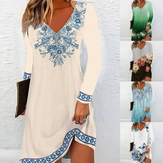 Damen V-Ausschnitt Kleid mit floralen Akzenten und langen Ärmeln R&B