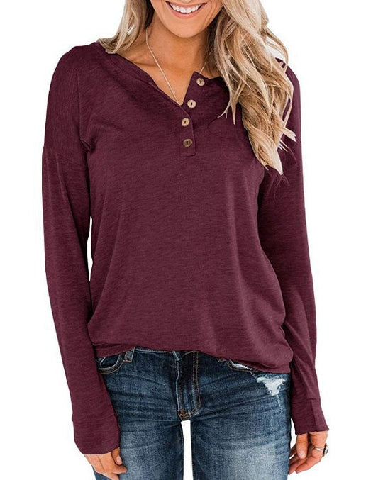 Damen modisches Langarm-Henley-Shirt mit Knopfleiste R&B