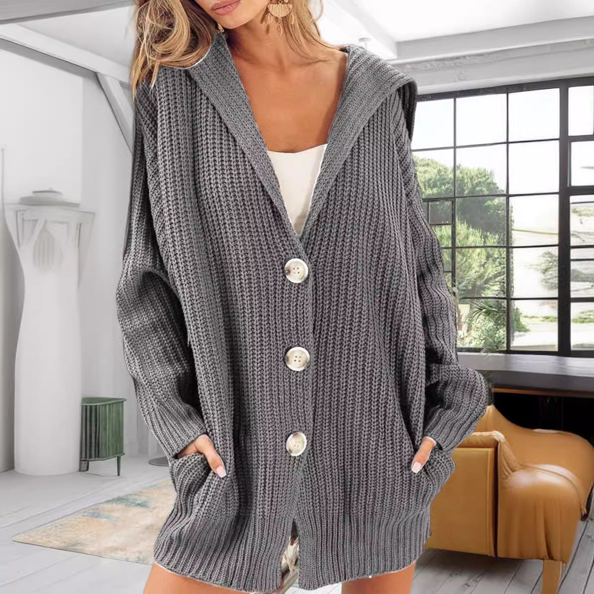 Damen oversized Strickjacke mit offener Front und praktischen Taschen R&B