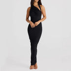 Damen Elegantes langes Wickelkleid mit schulterfreiem Design und gerafftem Oberteil R&B