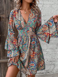 Damen V-Ausschnitt Minikleid mit floraler Paisley-Optik und voluminösen Ärmeln R&B