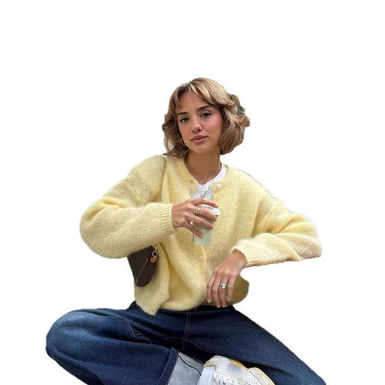 Damen weicher Strickcardigan mit großen Puffärmeln R&B