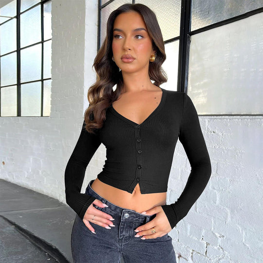 Damen figurbetontes Langarmshirt mit Knopfleiste R&B
