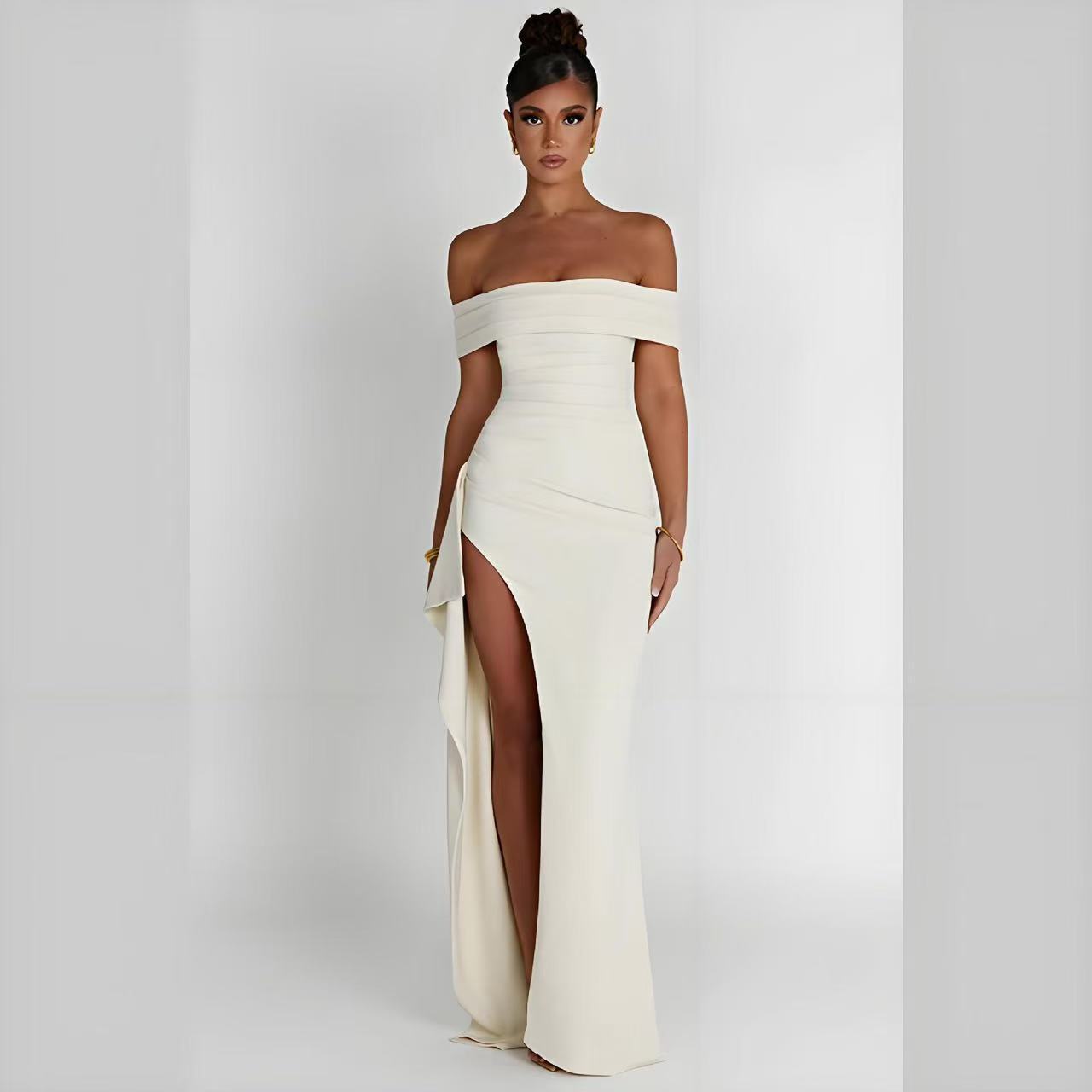 Damen Elegantes Off-Shoulder Abendkleid mit hohem Schlitz und tailliertem Schnitt R&B