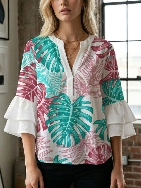 Damen Blusenshirt mit voluminösen Ärmeln und kreativem Druckdesign R&B