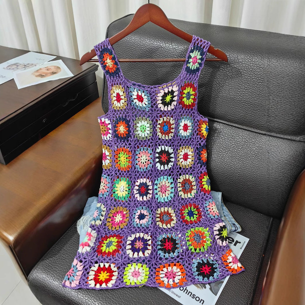 Damen luftiges Häkelkleid mit buntem Granny-Quadrat-Muster R&B