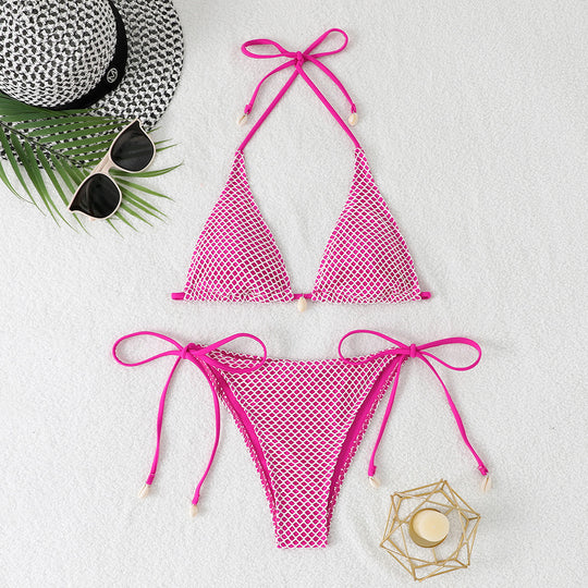Damen Netz-Bikini mit verstellbaren Bändern und eleganten Perlendetails R&B