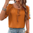 Damen modische Bluse mit gestickten Ärmeln und flexiblem Ausschnitt R&B