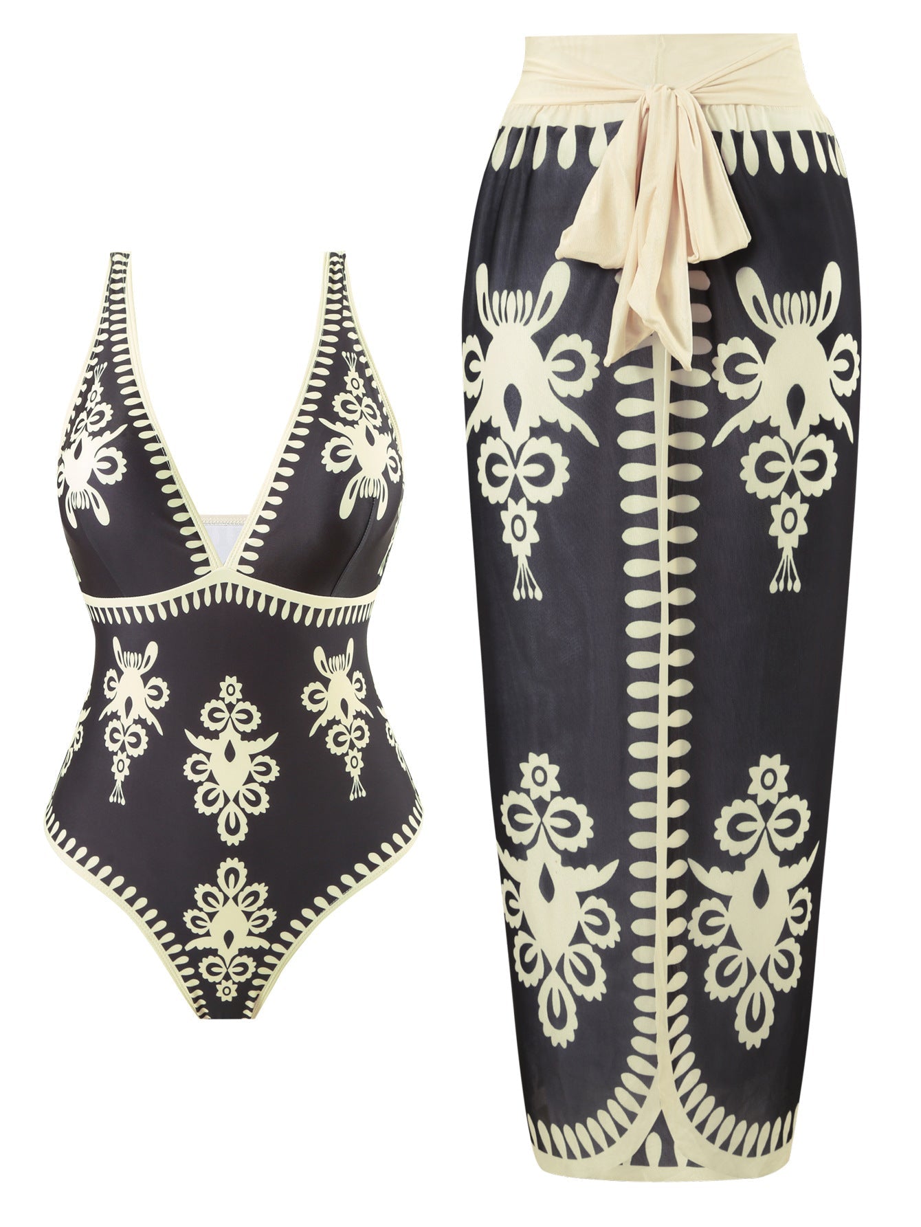Damen Einteiler Badeanzug mit elegantem Wickelrock R&B