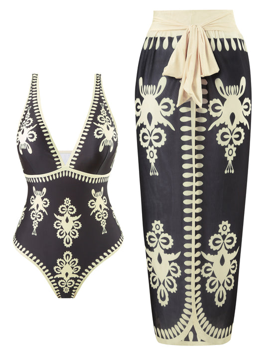 Damen Einteiler Badeanzug mit elegantem Wickelrock R&B