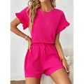 Damen Kurzarm-Overall mit Rüschendetails und Bindegürtel R&B