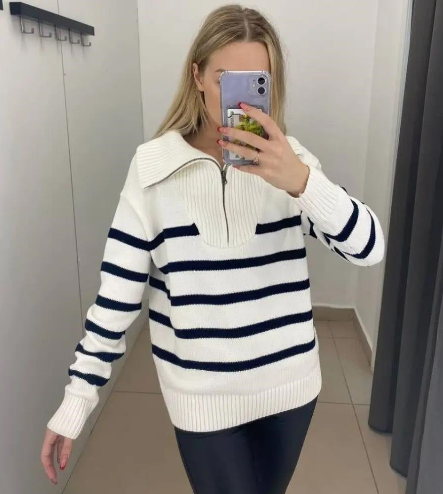 Damen gestreifter Pullover mit hohem Kragen und Reißverschluss R&B