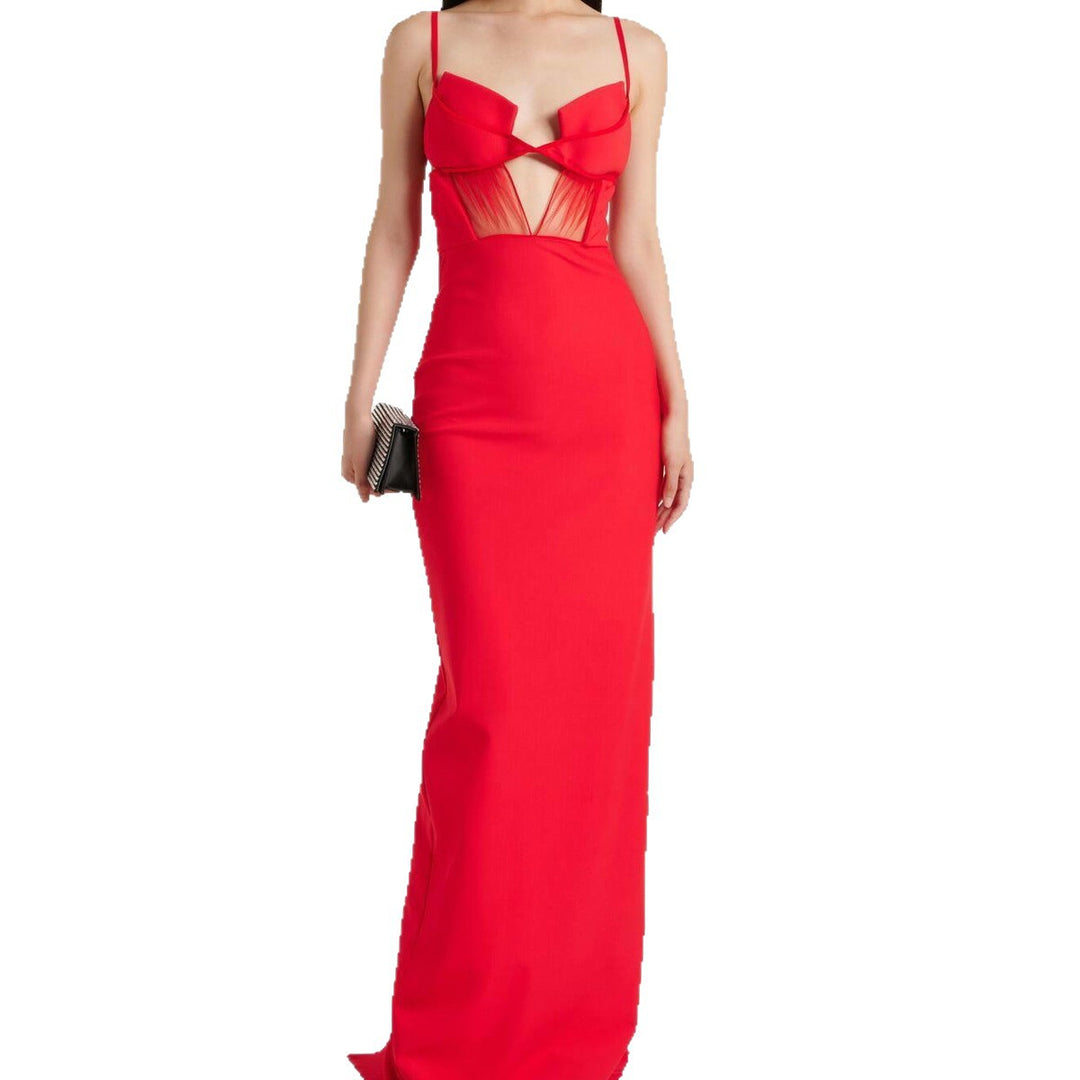 Damen Glamouröses Abendkleid mit tiefem V-Ausschnitt und verführerischen Netzdetails R&B