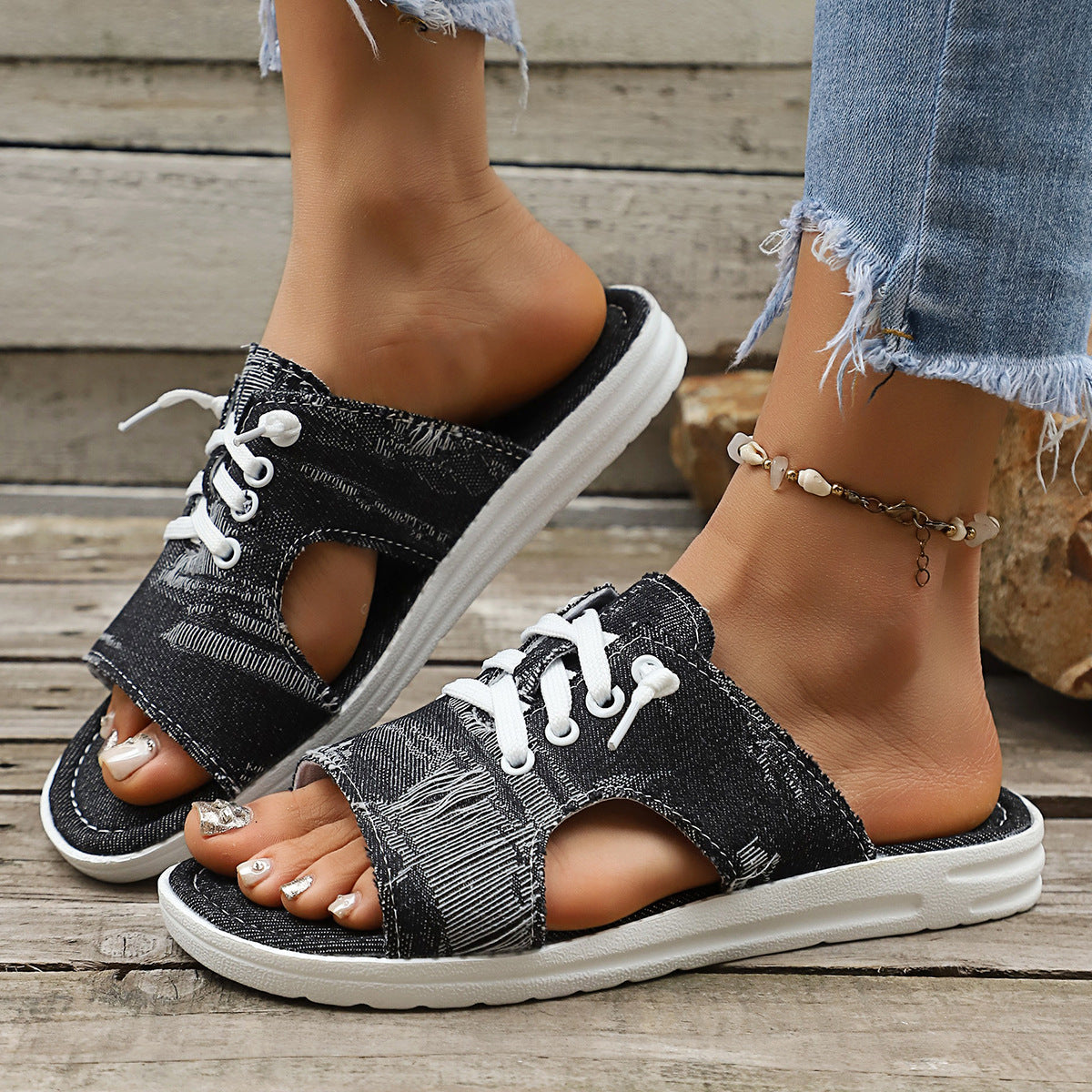 Damen Offene Slipper mit verstellbarem Schnürsystem R&B