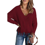 Damen Lässiger Strickpullover mit V-Ausschnitt und fransigem Saum R&B