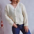 Damen lässige Strickjacke mit tiefem V-Ausschnitt und praktischen Taschen R&B