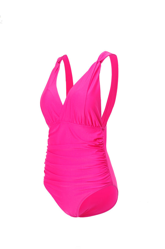 Damen Eleganter Einteiler Badeanzug mit Wickeloptik und Raffung R&B