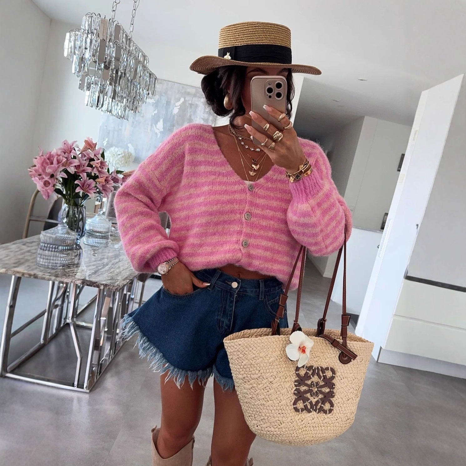 Damen kuscheliger Strickcardigan aus hochwertiger Wolle mit modischem Streifenmuster R&B