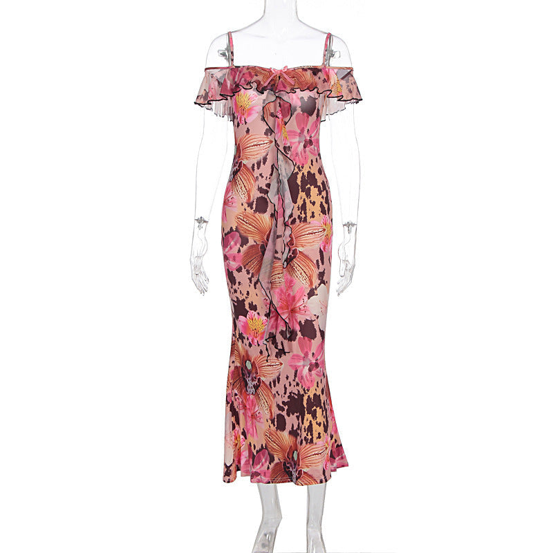 Damen Off-Shoulder Maxikleid mit floralem Muster und Rüschendetails R&B