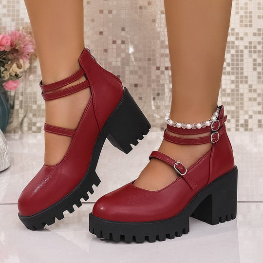 Damen Blockabsatz-Schnürschuhe mit modischem Riemendesign und rutschfester Sohle R&B