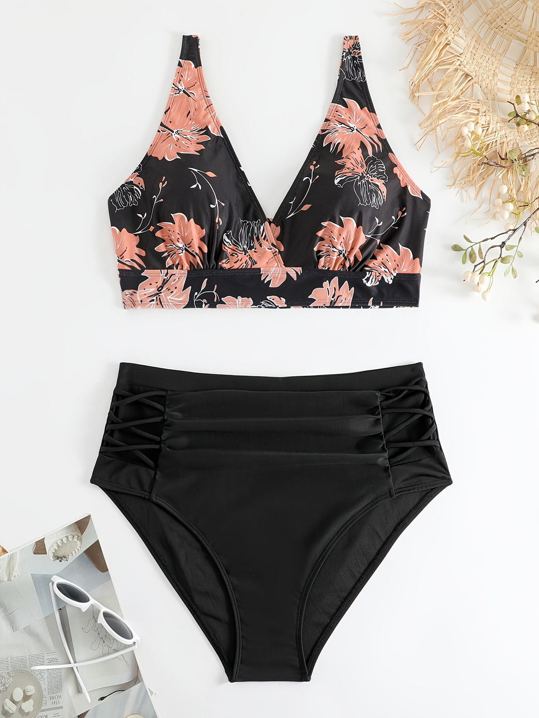 Damen Hochgeschnittener Bikini mit floralen Akzenten und raffinierten Details R&B