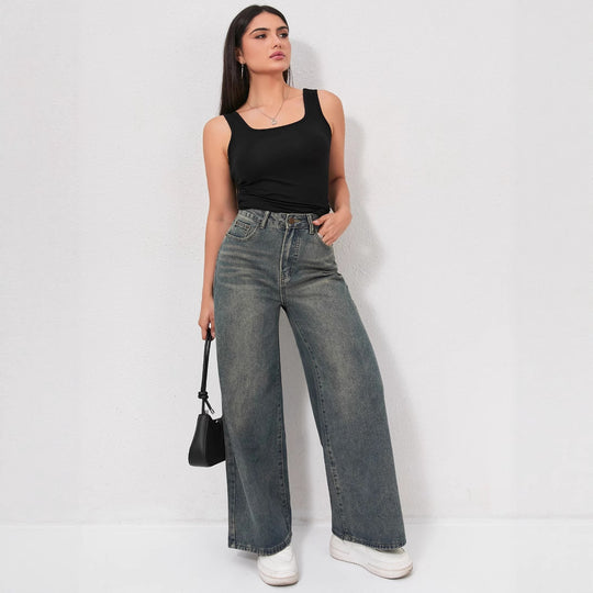 Damen Weite Jeans mit hohem Bund und eleganter Beinform R&B