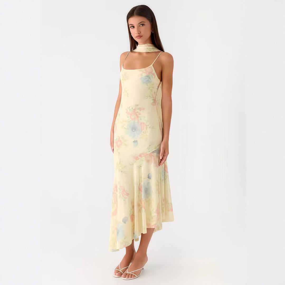 Damen Elegantes Maxikleid mit blumigem Chiffon-Design und Neckholder-Ausschnitt R&B