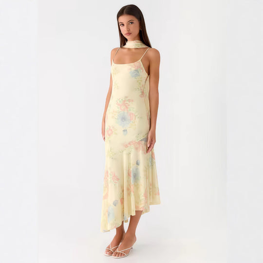 Damen Elegantes Maxikleid mit blumigem Chiffon-Design und Neckholder-Ausschnitt R&B