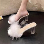 Damen elegante Mules mit transparentem Blockabsatz und feiner Fellverzierung R&B
