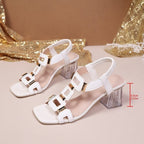 Damen elegante Sandalen mit transparentem Blockabsatz und kunstvollen Riemen R&B
