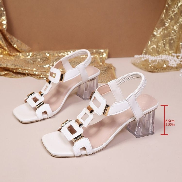 Damen elegante Sandalen mit transparentem Blockabsatz und kunstvollen Riemen R&B