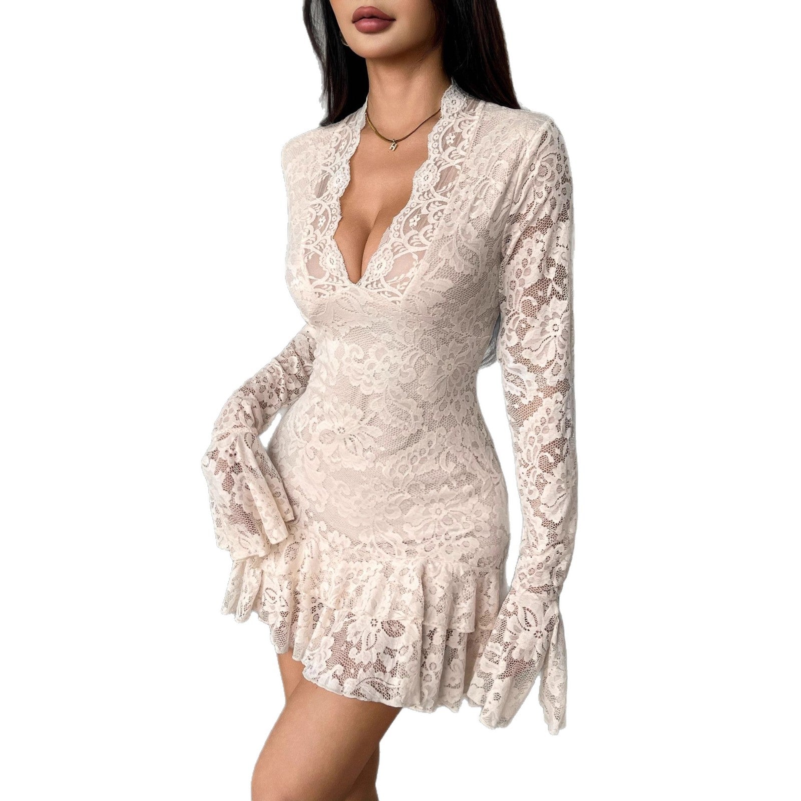 Damen nan tailliertes Spitzen-Minikleid mit tiefem V-Ausschnitt, Trompetenärmeln und Stufenvolant R&B