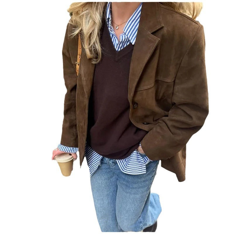 Damen weiche Wildlederjacke im lässigen Oversize-Schnitt R&B
