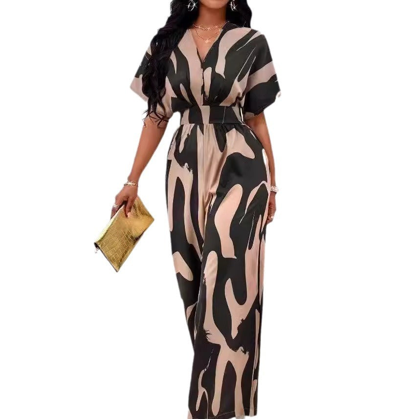 Damen Eleganter Jumpsuit mit großflächigem Muster und V-Ausschnitt R&B