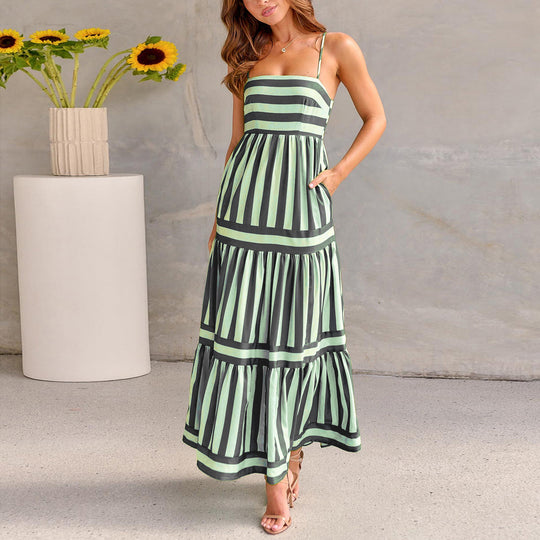 Damen Maxikleid mit Streifenmuster und fließendem Rock R&B