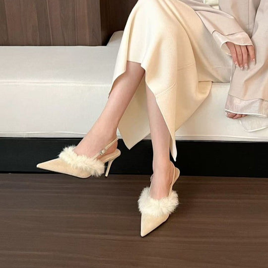 Damen Slingback-Pumps mit luxuriösem Fellbesatz und elegantem spitzem Design R&B