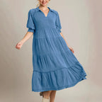 Damen lässiges Maxikleid mit V-Ausschnitt und volumetrischen Ärmeln R&B