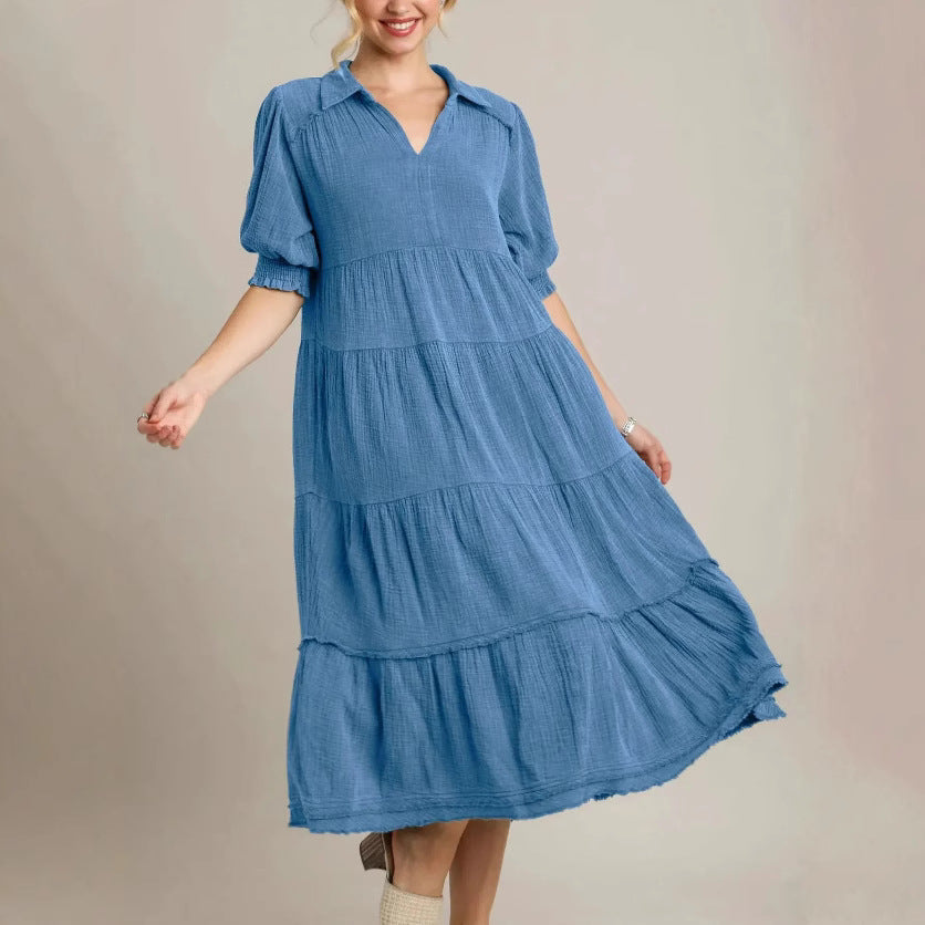 Damen lässiges Maxikleid mit V-Ausschnitt und volumetrischen Ärmeln R&B