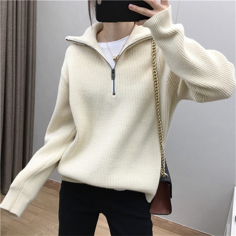Damen Leichter Strickpullover mit hohem Kragen und Reißverschluss R&B