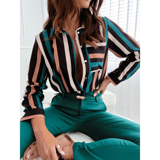 Damen Button-Up Streifenbluse mit Kontrasttaschen R&B