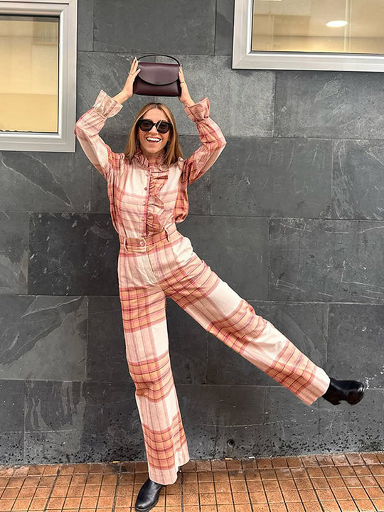 Damen Karomuster Jumpsuit mit Gürtel und Rüschen R&B